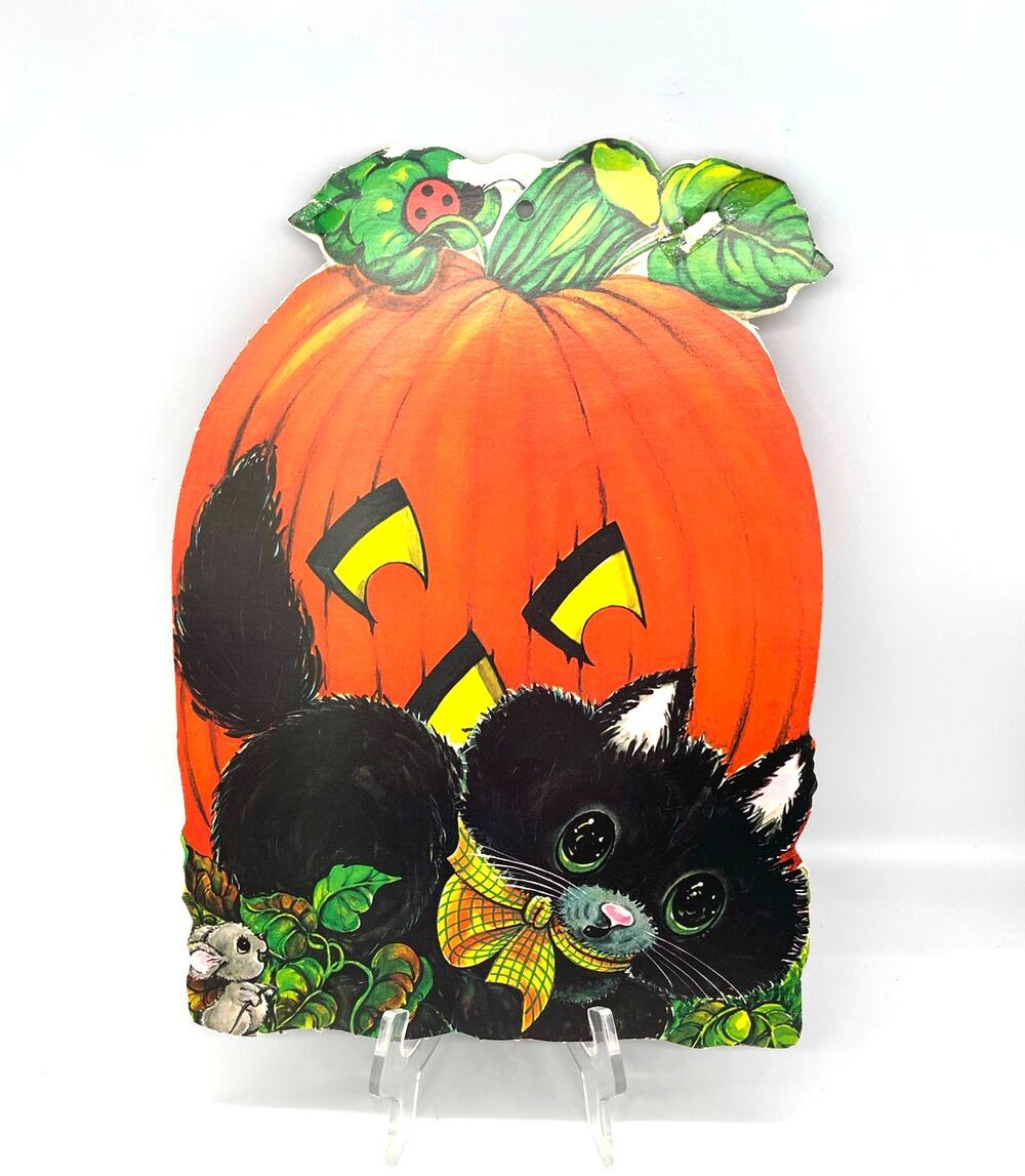 Vintage USA Halloween Die Cut Pumpkin Cat & Mouse Decoration Double Sided 13"